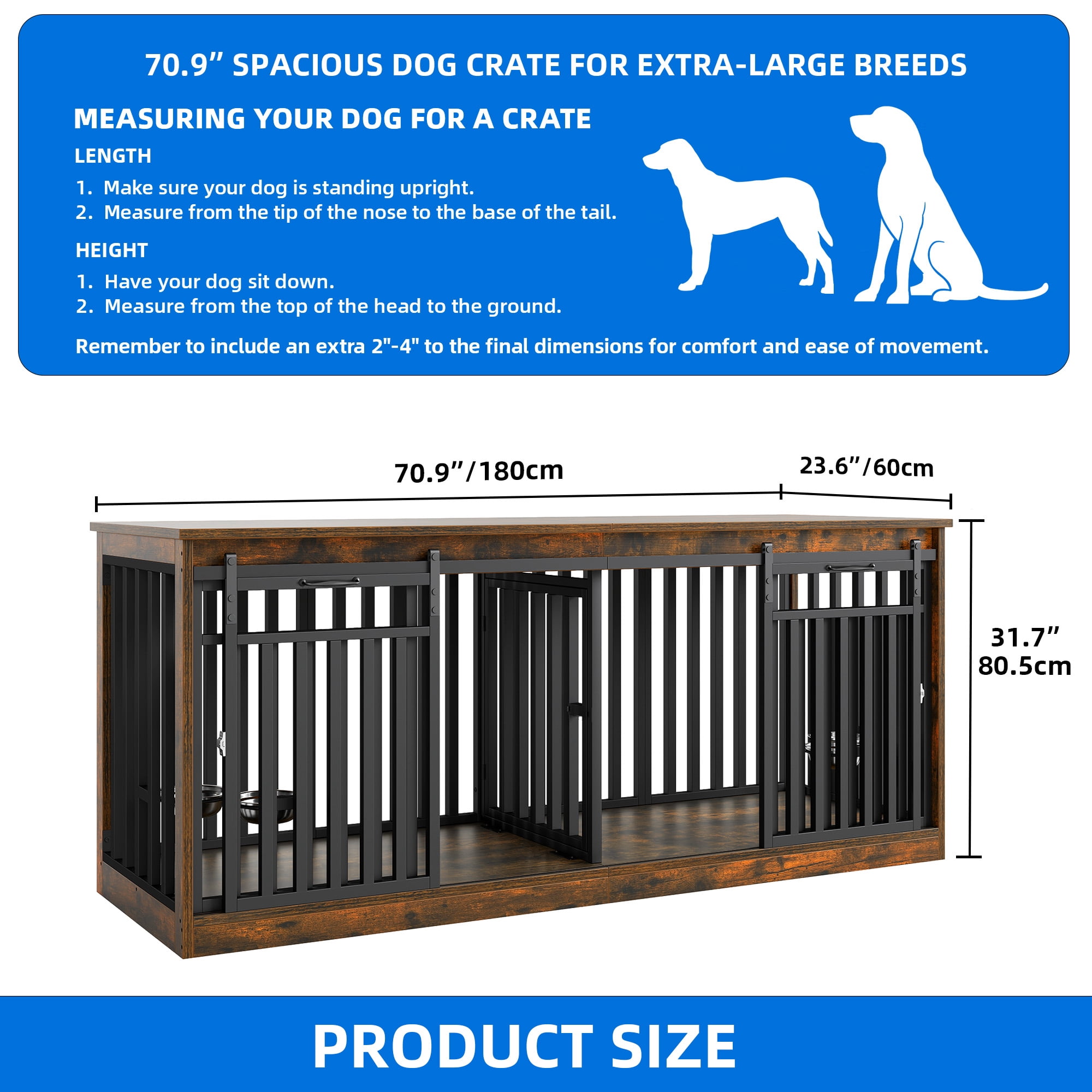 Dextrus 71" Dog Crate Furniture with 4 Dog Bowls for 2 Dogs, Heavy Duty Wooden Dog Kennel Crate TV Stand - Rustic Brown