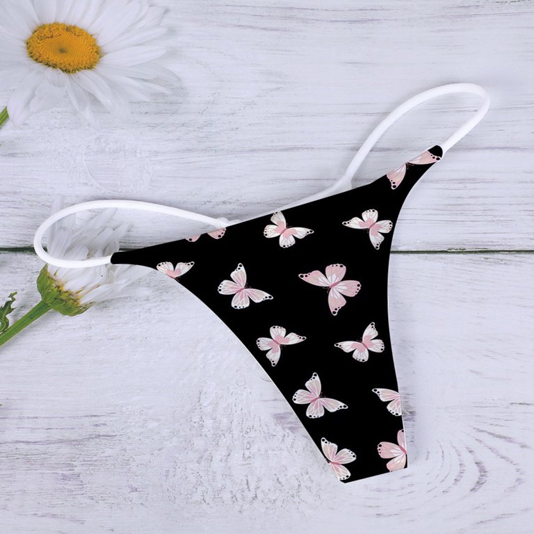 Sksloeg Thong Bikini Butterfly Printed Bottom Low Rise G-String Panties Low  Waist T Back String Underpants Gift for Women,Black L