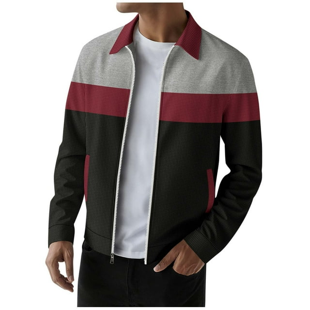 Mens Long Cardigan Color Blocked Lapel Zipper Cardigan Jacket Outdoor Work Sports