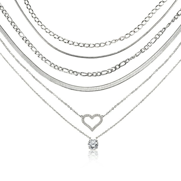 JeenMata Multipack 6 piezas colgante de collar en capas para mujer, chapado en oro blanco, cadena de oro, collar de gargantilla, collar en capas de espiga, regalo de joyería