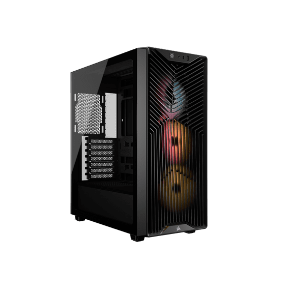 The CORSAIR 3200D RS ARGB is a spacious and fully-loaded mid-tower chassis with 3x RS120 ARGB fans and useful DIY features for an easy build with powerful cooling. Black.