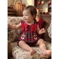 thumbnail image 4 of RUINIXCW Toddler Baby Girl Christmas Outfit Infant Baby Girls Xma Clothes Deer Santa Gingerbread Embroidery Fly Sleeve Plaid Smocked Tops Shorts Set, 4 of 9