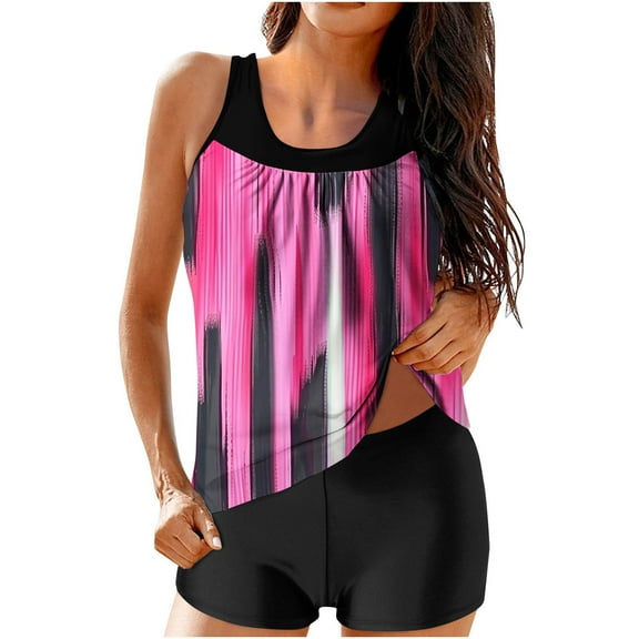 Efsteb Tankini Swimsuits for Women Print Two Piece Swim Suit Fashion Bathing Suits Conservative Spaghetti Strap Swimsuit Bikini Sets Swimwear (Pink,M)
