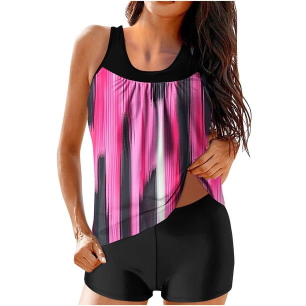 Modesto Trajes de Baño para las Mujeres Multicolor Gradiente Impresión de Espalda Recorte, Pantalones Cortos de Cintura Alta Y Sling Top para la Playa, la Piscina Y las Vacaciones