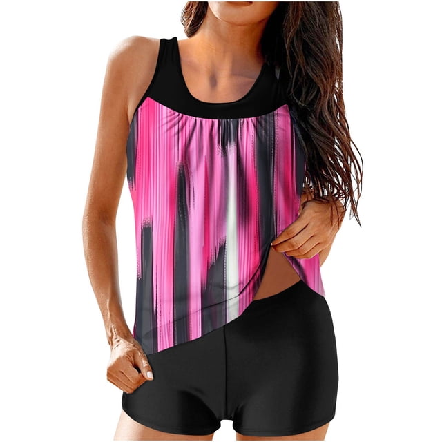 Modest Swimsuits for Women Gradient Print Back Cutout Sling Swimsuit with Skirted Top And Swim Trunks 2 Pc