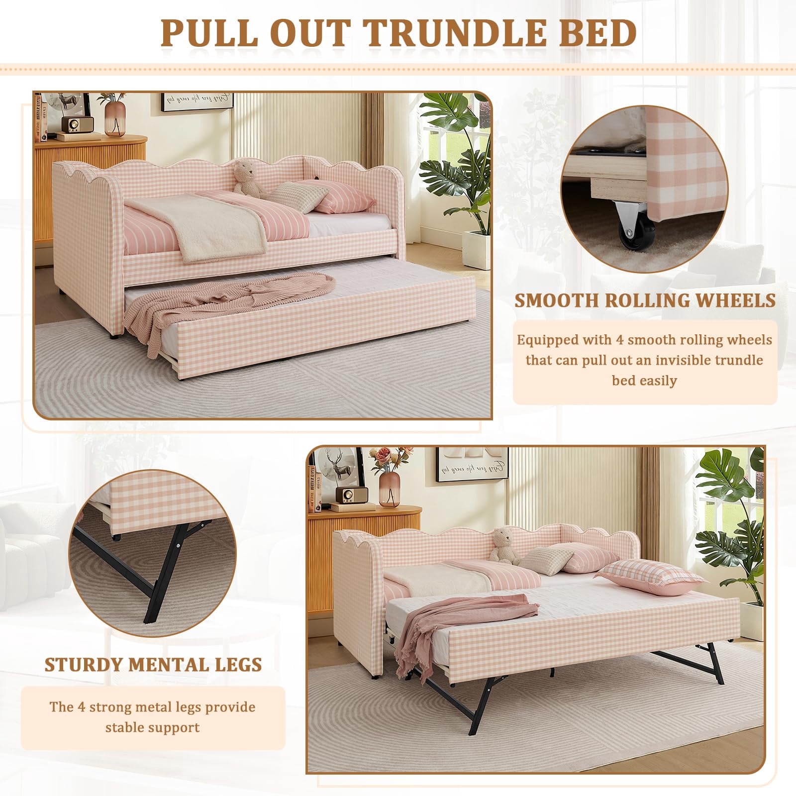 Twin Size Gingham Daybed with Trundle, Wave Shaped Sofa Bed with USB Port, No Box Spring Needed