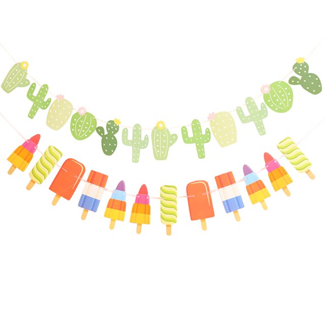 EeaseMX 2 banderines de papel con temática de verano, forma de cactus y helado colorido, banderines decorativos para fiestas tropicales de verano.