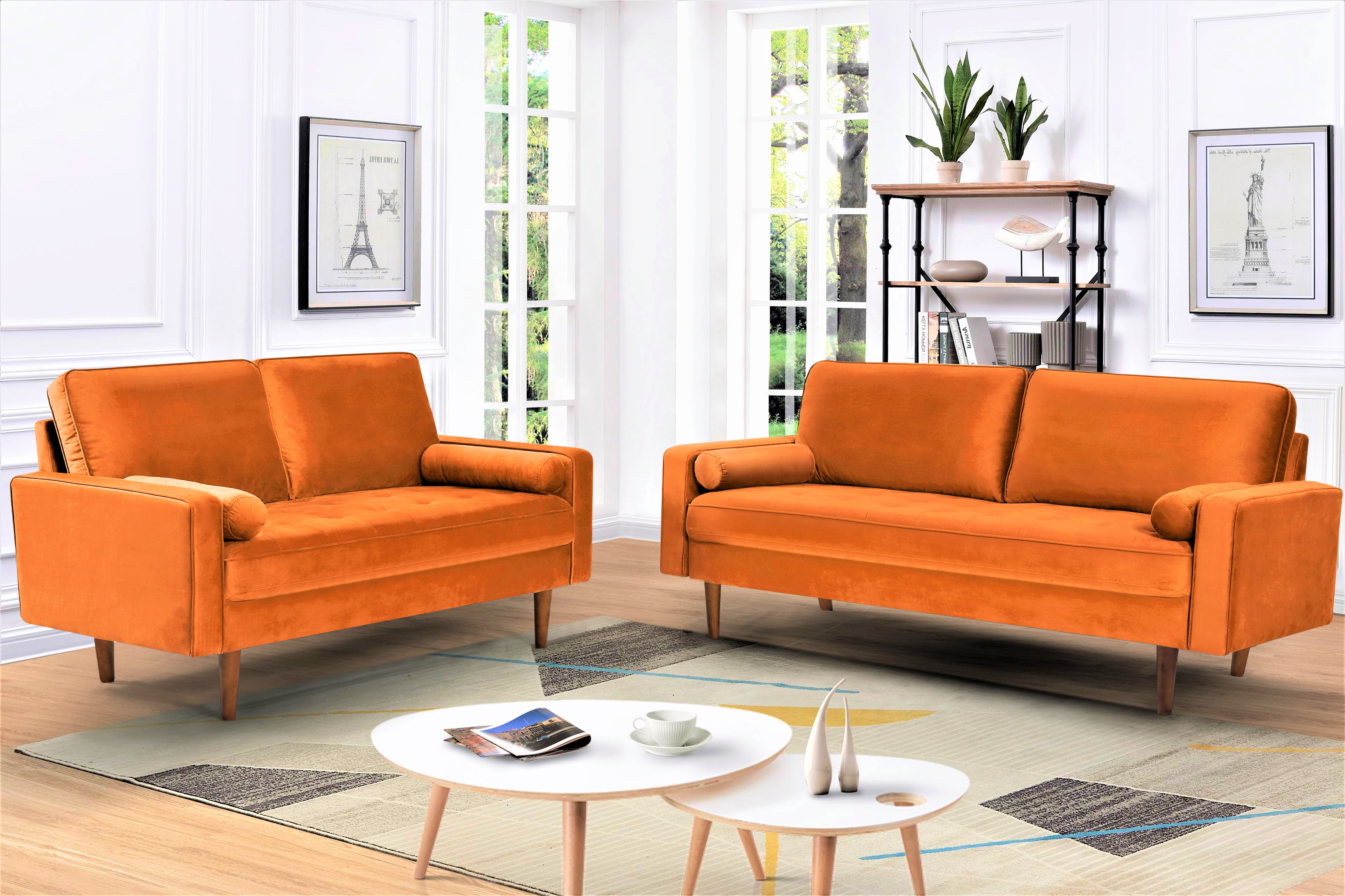 US Pride Furniture  Monahan Velvet 2PC Living Room Sets Sofa Loveseat Orange