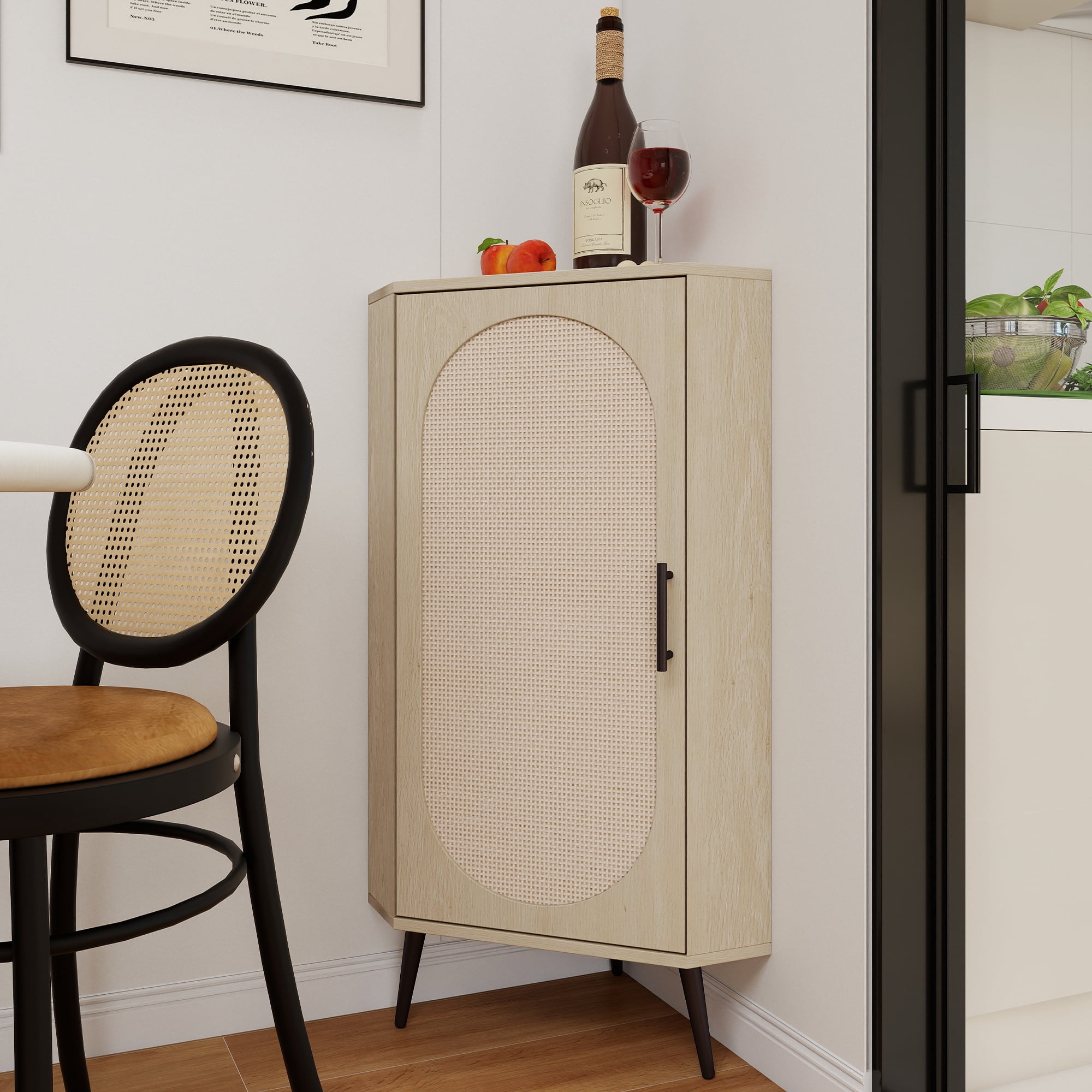 HIUU Small Corner Cabinet with Rattan Doors,Slim Bathroom Storage Cabinet,Freestanding Corner Table with Storage(Natural)