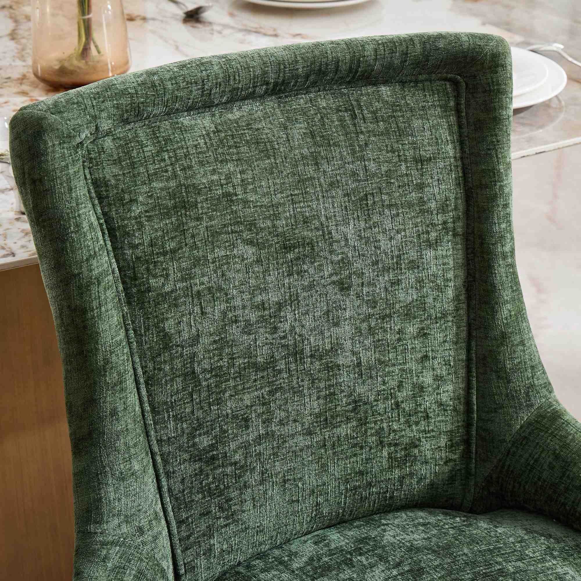 BSHTI Chenille Dining Chairs Set of 2, Green Textured Fabric Upholstered Chairs with Curved Gold-Plated Legs & Rivet Trim – Modern One-Piece Structure for Dining Room, Living Room, or Lounge