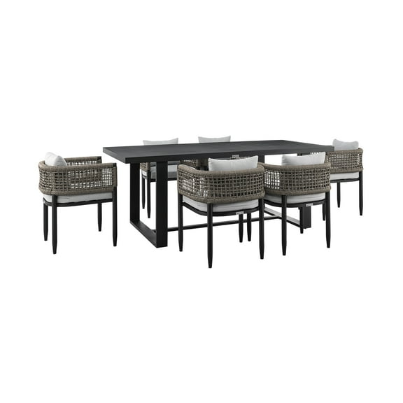 Felicia Outdoor Patio 7-Piece Dining Table Set in Aluminum with Grey Rope and Cushions