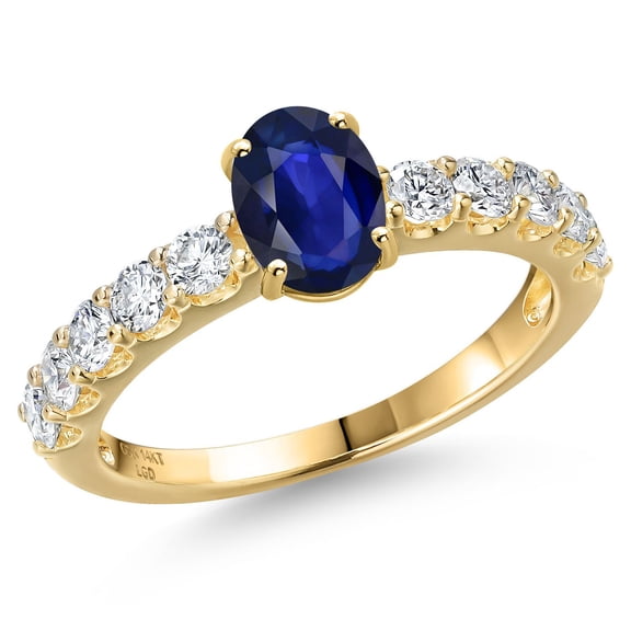 Gem Stone King 14K Yellow Gold Blue Sapphire and Lab Grown Diamond Engagement Ring for Women | 1.22 Cttw | Oval 7X5MM | Gemstone September Birthstone | Size 8