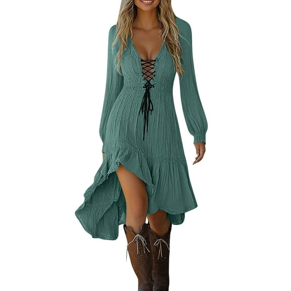 aohooy Sundress Dress Woman 2025 Ruffled Gothic Vintage Cowgirl Midi Dresses Irregular Hem Long Sleeve Holiday Western Outfit Army Green,S