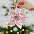 thumbnail image 4 of Pink Christmas Poinsettia Flowers Glitter Ornaments, Artificial Christmas Tree Decorations, Holiday Faux Floral Picks with Clips, Shiny Xmas Wreath Garland Gift Box Décor, 12 Pack, 5.9 Inch, 4 of 9
