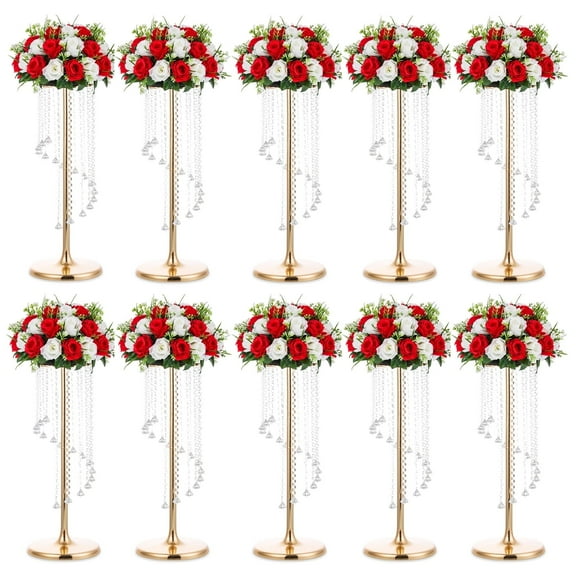 Nuptio 28" Tall Gold Crystal Flower Stand Table Centerpiece Decor ,Elegant Bridal Shower Party Wedding Centerpiece Decoration,Set of 10
