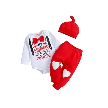 

Baby Boys My First Valentine s Day Outfits Letter Print Long Sleeve Romper+ Heart Print Pants+ Hat 3Pcs Clothes Set