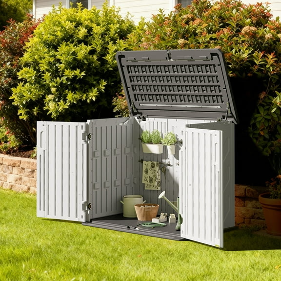 BaPiPro Outdoor Storage Cabinet, 4.5'x2.5' Resin Shed with Floor, 24 Cu.ft Waterproof Plastic Storage for Garden, Backyard, Patio & Garbage Bin