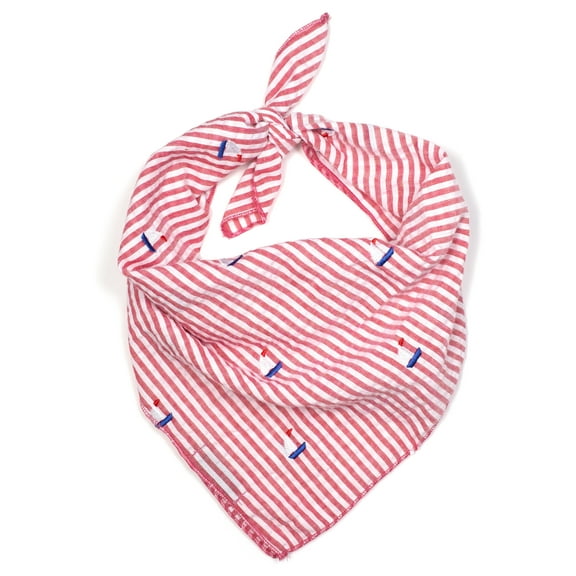 The Worthy Dog Seersucker Stripe Embroidered Sailboat Classic Square Tie-On Bandana