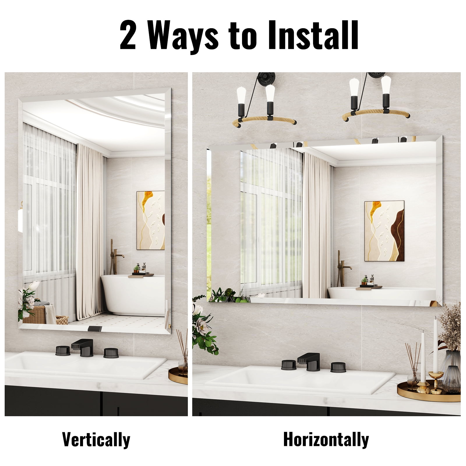 Puremirror 30"x48" Rectangular Bathroom Wall Mirror Frameless Vanity Mirror