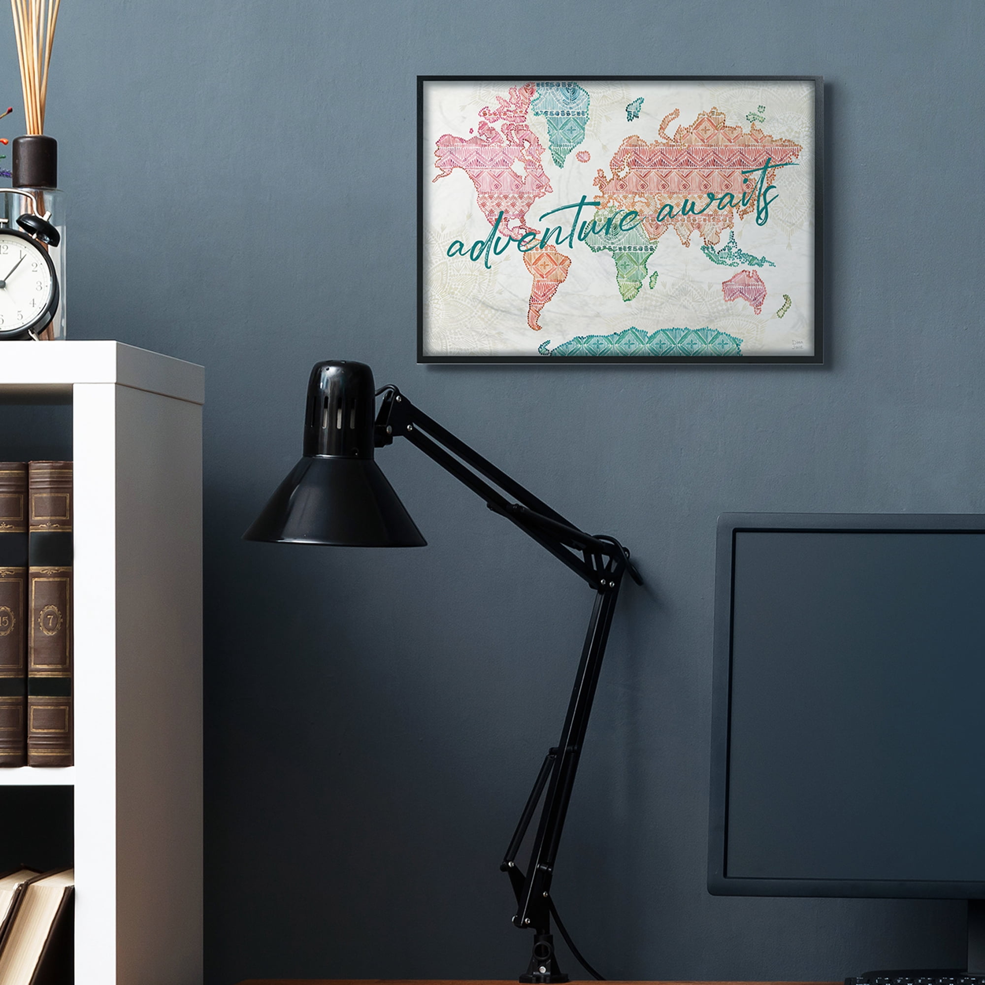 Stupell Industries Adventure Awaits Phrase Macrame Pattern World Map Black Framed, 16 x 20, Design by Dina June