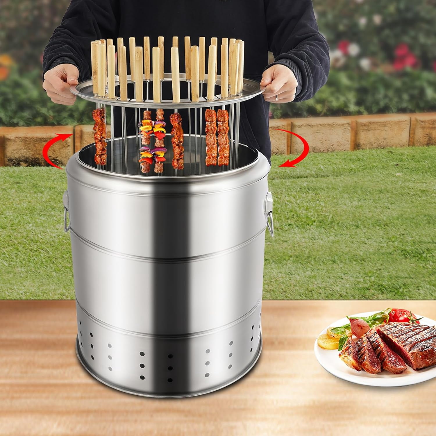 Portable Smokeless Barbecue Charcoal Barrel Grill,BBQ Charcoal Grill with 28 Skewers,Stainless Steel Surround kebab Grill