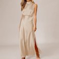 thumbnail image 1 of Vestido Formal De Satén Vestidos largos para mujer Vestido de noche con cuello simulado y abertura lateral para cóctel (Beige S) Cgtredaw Para estrenar, 1 of 1
