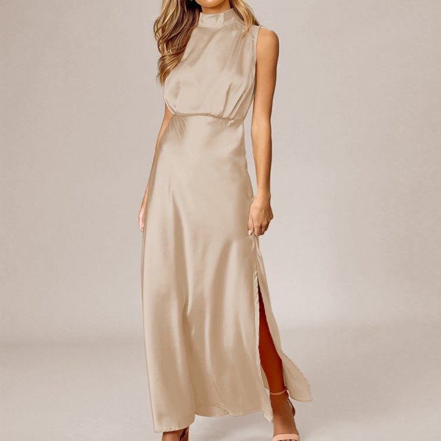 Vestido Formal De Satén Vestidos largos para mujer Vestido de noche con cuello simulado y abertura lateral para cóctel (Beige S) Cgtredaw Para estrenar