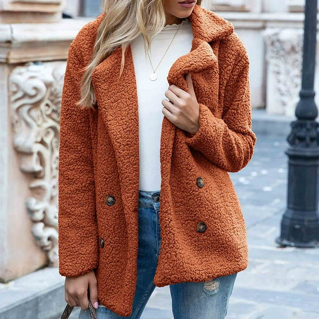 Mikilon Womens Ladies Warm Jacket Winter Solid Turn Coat Down Collar Lambswoo Outerwear