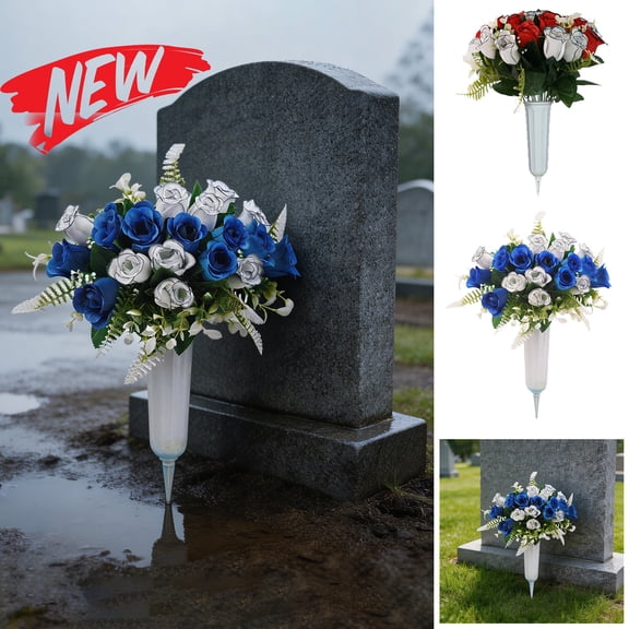 Memorial Day Flowers for Cemetery, Outdoor Grave Decorations Bouquet with Cemetery Vase, Artificial Cemetery Flowers for Grave, Memorial Flowers for Gravesite, Weather Resistant