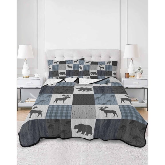 Quilts Queen Size, Blue Cabin Check Soft Comforter Bedding Set for Bed, Rustic Bear Elk Farmhouse Buffalo Plaid Lightweight Quilted Bedspread with Pillow Cover(2 Pieces) for All Season, 90x96 Inch