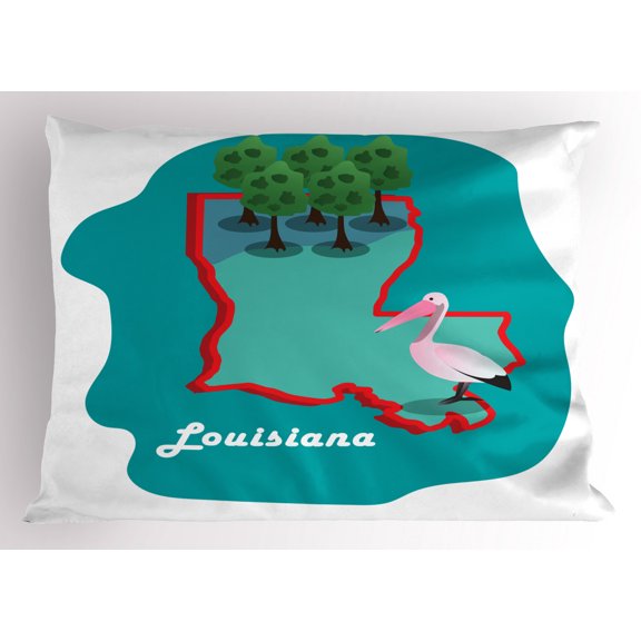 Louisiana Pillow Sham, Pelican State Map with Cartoon Animal and Forest Tourist Attraction Illustration, Decorative Standard Size Printed Pillowcase, 26 X 20 Inches, Multicolor, by Ambesonne