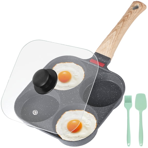 Nonstick Square Egg Pan for 4 Eggs – Aluminum Alloy Frying Pan with Lid, 7.5" x 7.5", Wood Grain Handle, Includes Silicone Spatula & Brush, for Omelets, Pancakes & Breakfast