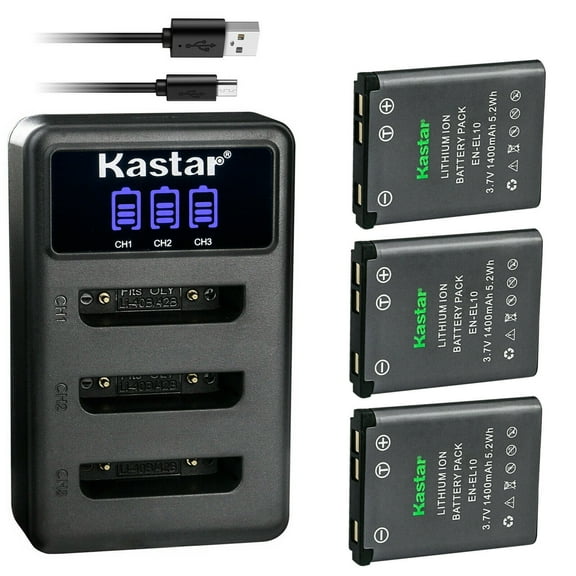 Kastar 3 Pack Battery and LCD Triple USB Charger Compatible with Nikon Coolpix S60, Coolpix S80, Coolpix S200, Coolpix S202, Coolpix S210, Coolpix S220, Coolpix S230, Coolpix S500, Coolpix S510