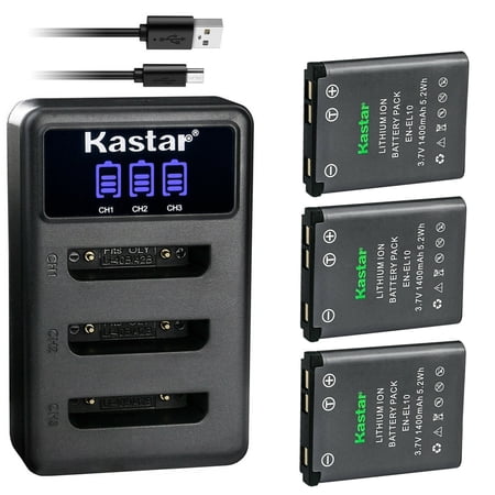 Kastar 3 Pack Battery and LCD Triple USB Charger Compatible with Nikon Coolpix S60 Coolpix S80 Coolpix S200 Coolpix S202 Coolpix S210 Coolpix S220 Coolpix S230 Coolpix S500 Coolpix S510