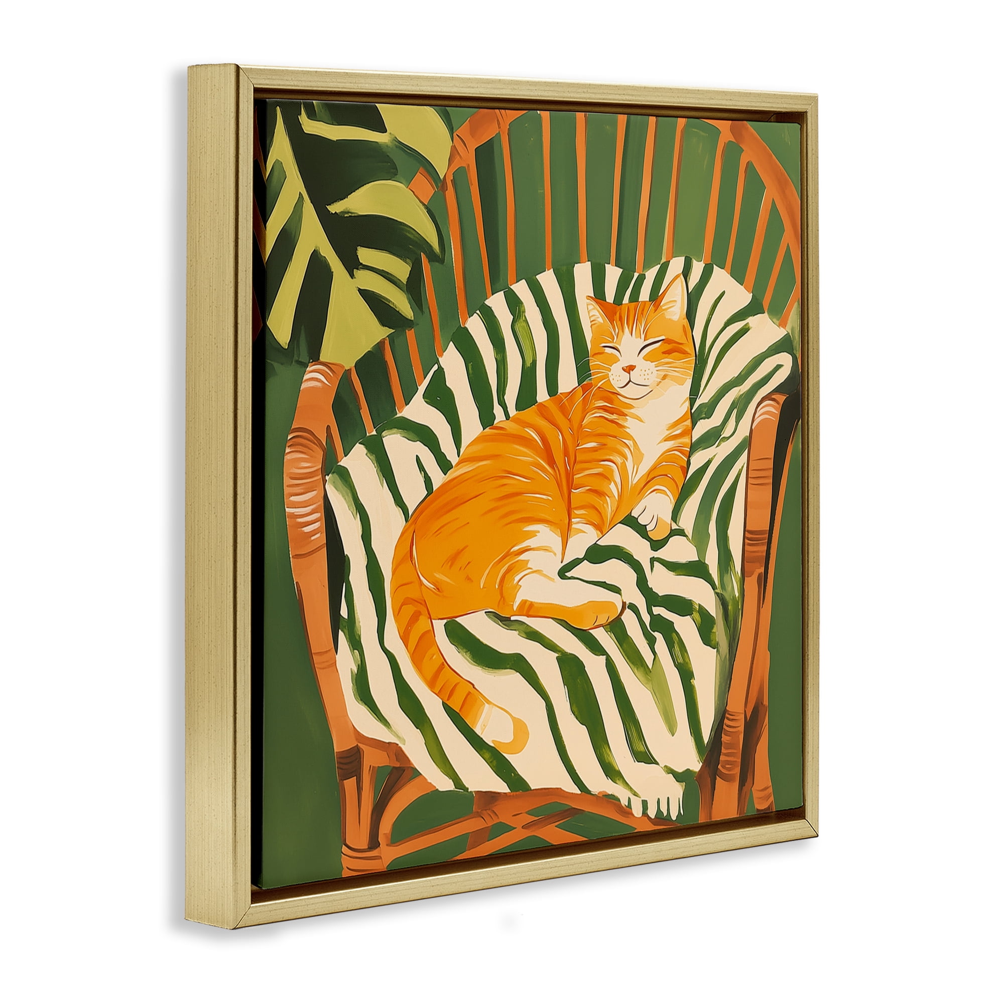 Stupell Industries Orange Cat in Rattan Chair Gold Framed Floater Canvas Wall Art, design by Walker Noble