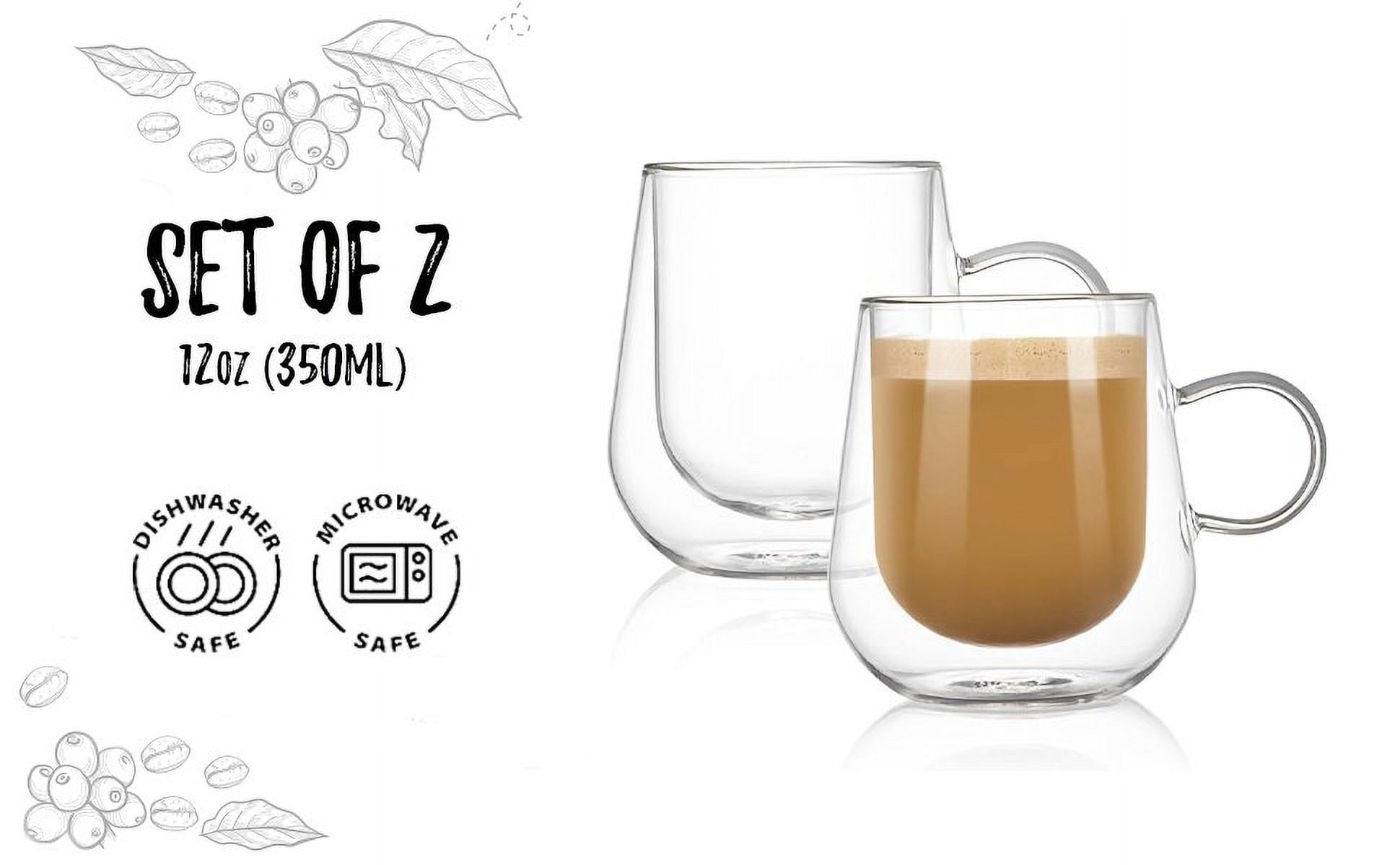 Bacimi Double Wall Insulated Coffee Mugs Set of 2 / 12oz - Clear Borosilicate Mug with Handle - Thermal Drinking Cups for Espresso, Cappuccino, Latte, Tea, Hot Beverage, Wine - Microwave Safe