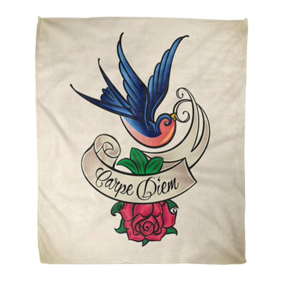 SIDONKU 50x60 inch Super Soft Throw Blanket Red Bird Old School Styled Tattoo with Swallow and Rose Blue Sailor Jerry Ribbon Home Decorative Flannel Velvet Plush Blanket