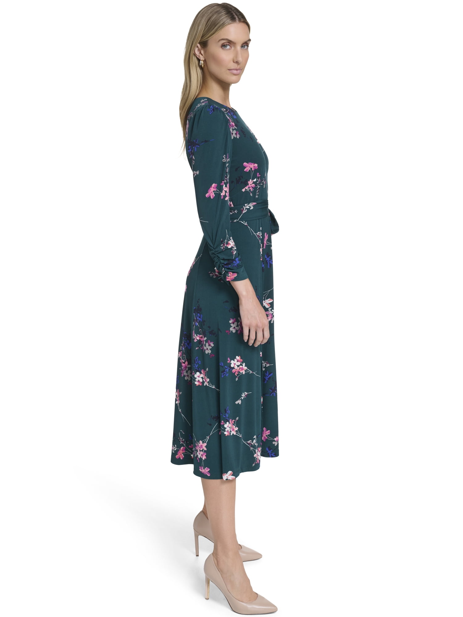Falling Flowers Women's 3/4 Sleeve Belted Midi Dress, Sizes XS-XL