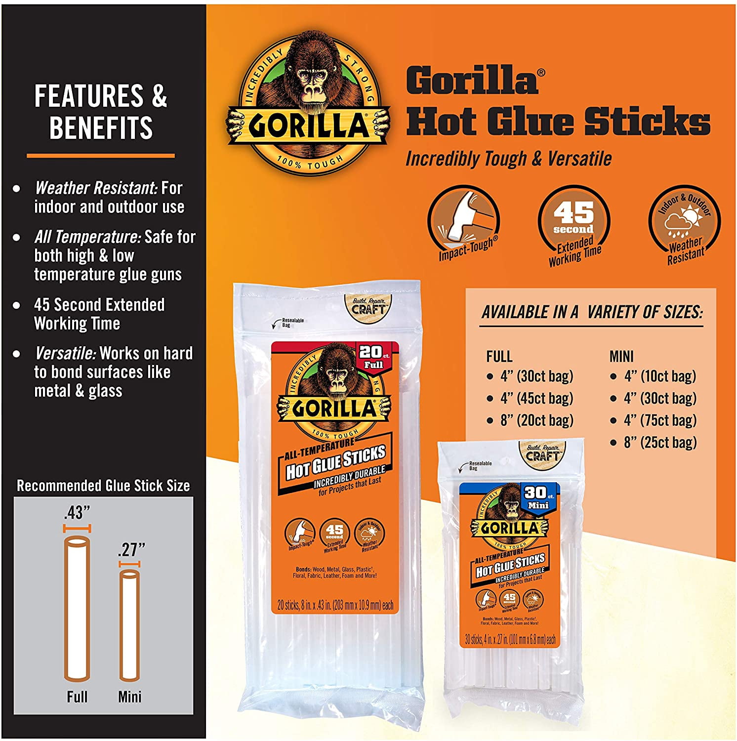 Gorilla Glue Mini Hot Glue Sticks, Each