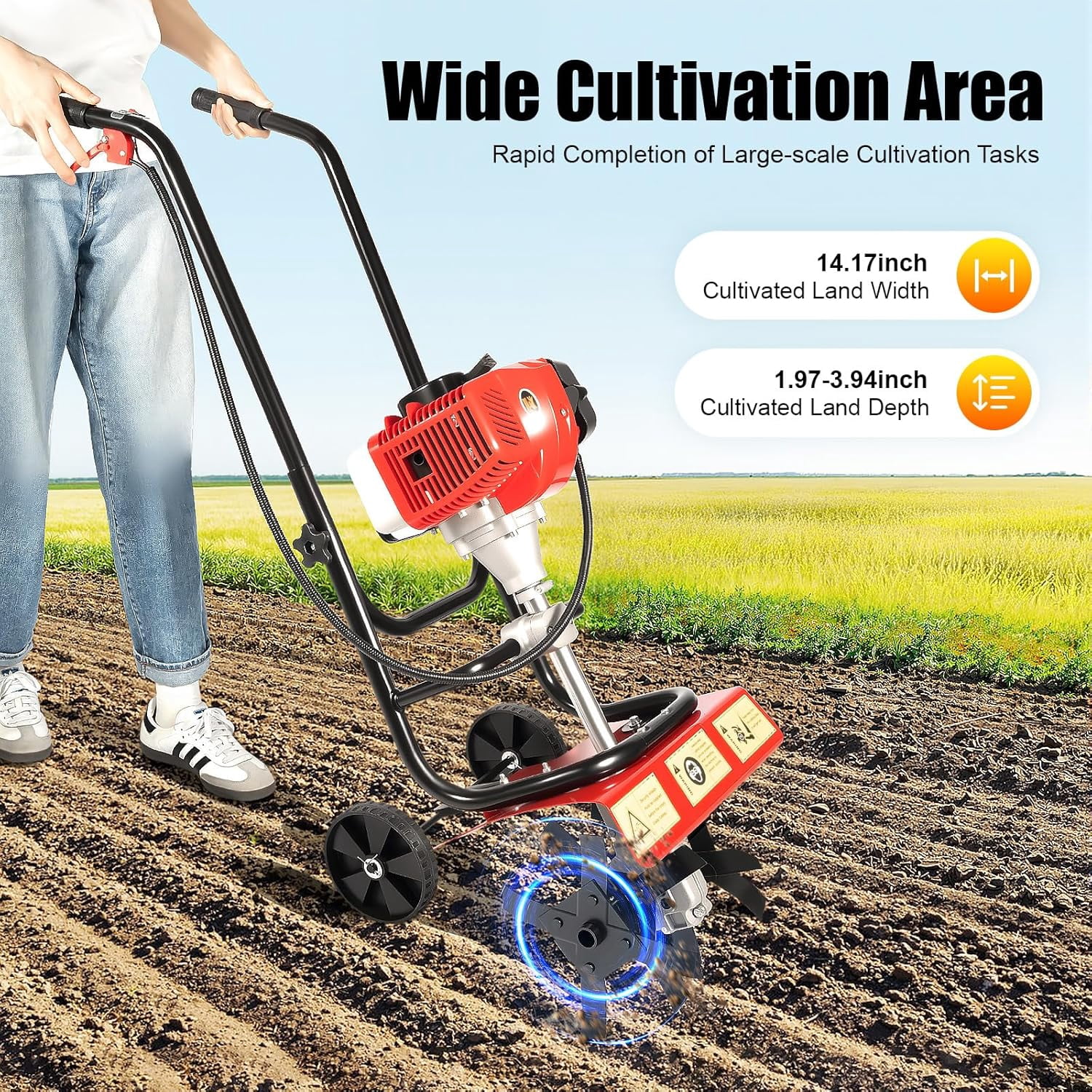 52cc Gas Power Garden Tiller Cultivator, 2-Stroke Mini Gasoline Tiller Hand Rotary Cultivator Garden Tool 0.2gal 14.17in Width Farmyard Rototiller for Sandy Land Loose Soil