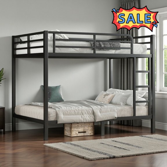 Tcbosik Metal Bunk Bed Full Over Full Size, Bed Frame with Built-in Ladder and Full-Length Guardrail, Space-Saving & Noise Reduced, Black