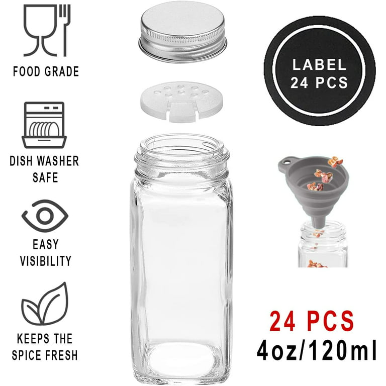 24 Pcs Glass Spice Jars with 808 Labels,4oz Empty Spice Bottles,Seasoning  Containers with Shaker Lids Airtight Metal Caps Stainless,Silicone  Collapsible Funnel, Brush,2 Salt/Pepper Grinder