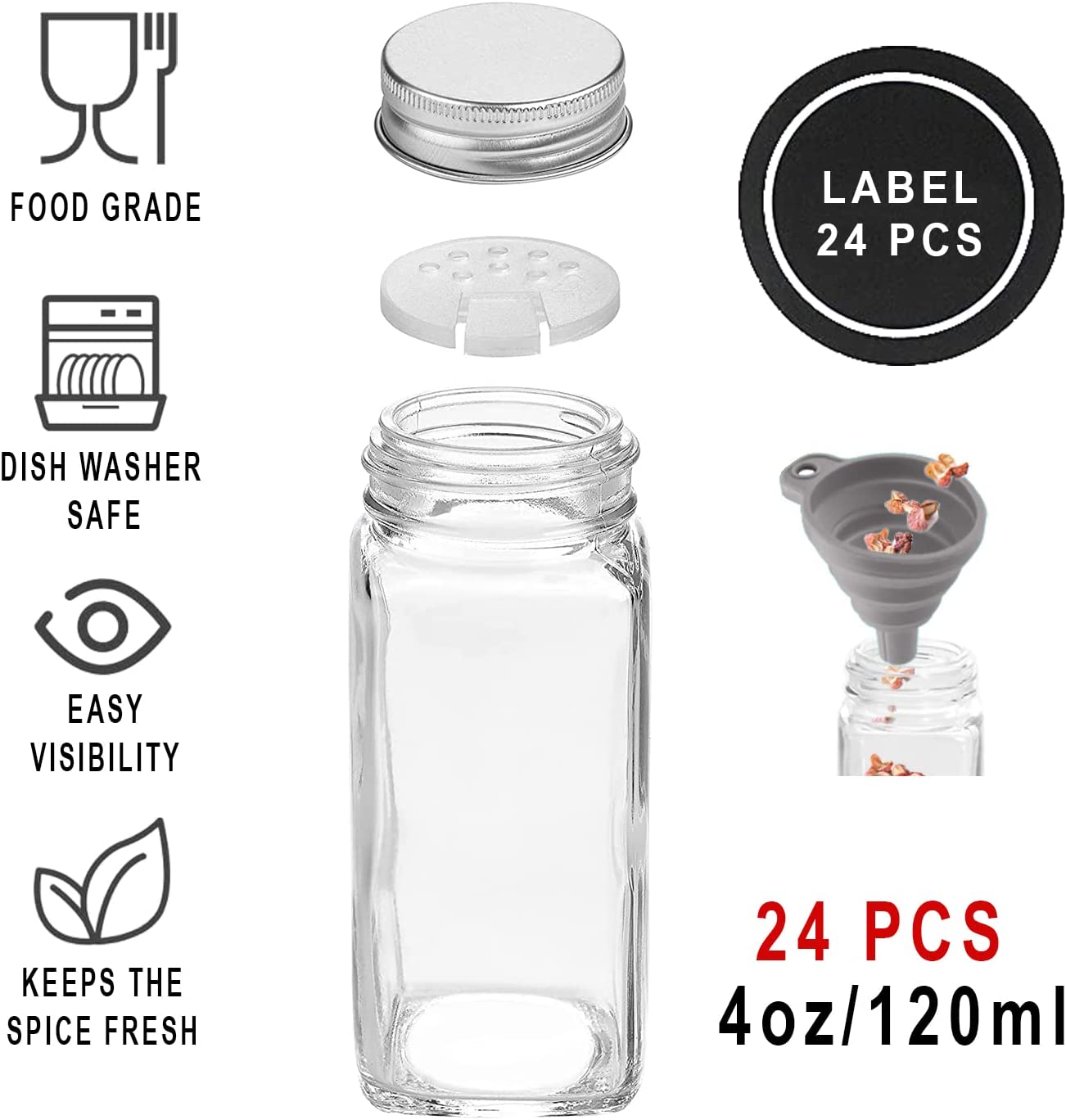 Spice Bottles Empty Glass with Labels 4 oz - 24 Piece Spice Jars Spice Container Shaker Lids, Airtight Metal Caps and Chalkboard/Clear PVC Seasoning Labels, Chalk Marker & Collapsible Funnel - image 3 of 10