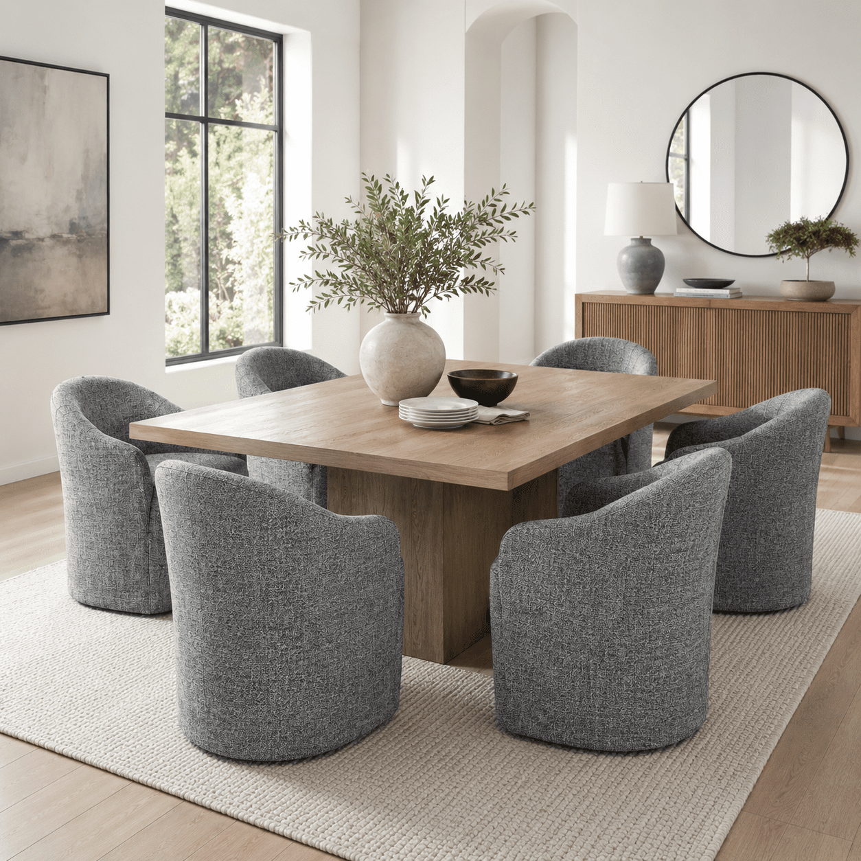 Aenkyo Dining Chair with Casters, Upholstered Barrel Back Rolling Accent Chair, Pewter Gray