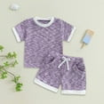 thumbnail image 2 of HCNTES Toddler Baby Boy Girl Summer Clothes Contrast Binding Short Sleeve Tshirt Top Jogger Shorts Set Knit Outfit(6-12 Months,Light Purple), 2 of 7