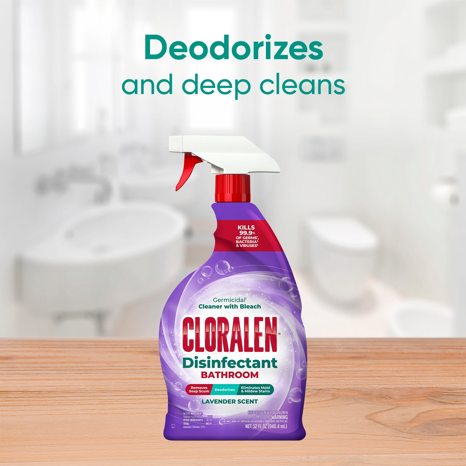 (3 pack) CLORALEN All Purpose Bathroom Cleaner Spray with Bleach, Lavender, 32 fl oz