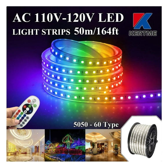 KERTME 5050-60 Type AC 110-120V Bandes Lumineuses LED RGB, Flexibles/étanches/dimmables/multi-Couleurs/multi-modes Lumière LED + Télécommande 24 Touches pour Décoration Maison/jardin/bâtiment (164 Pieds/50m, RGB)
