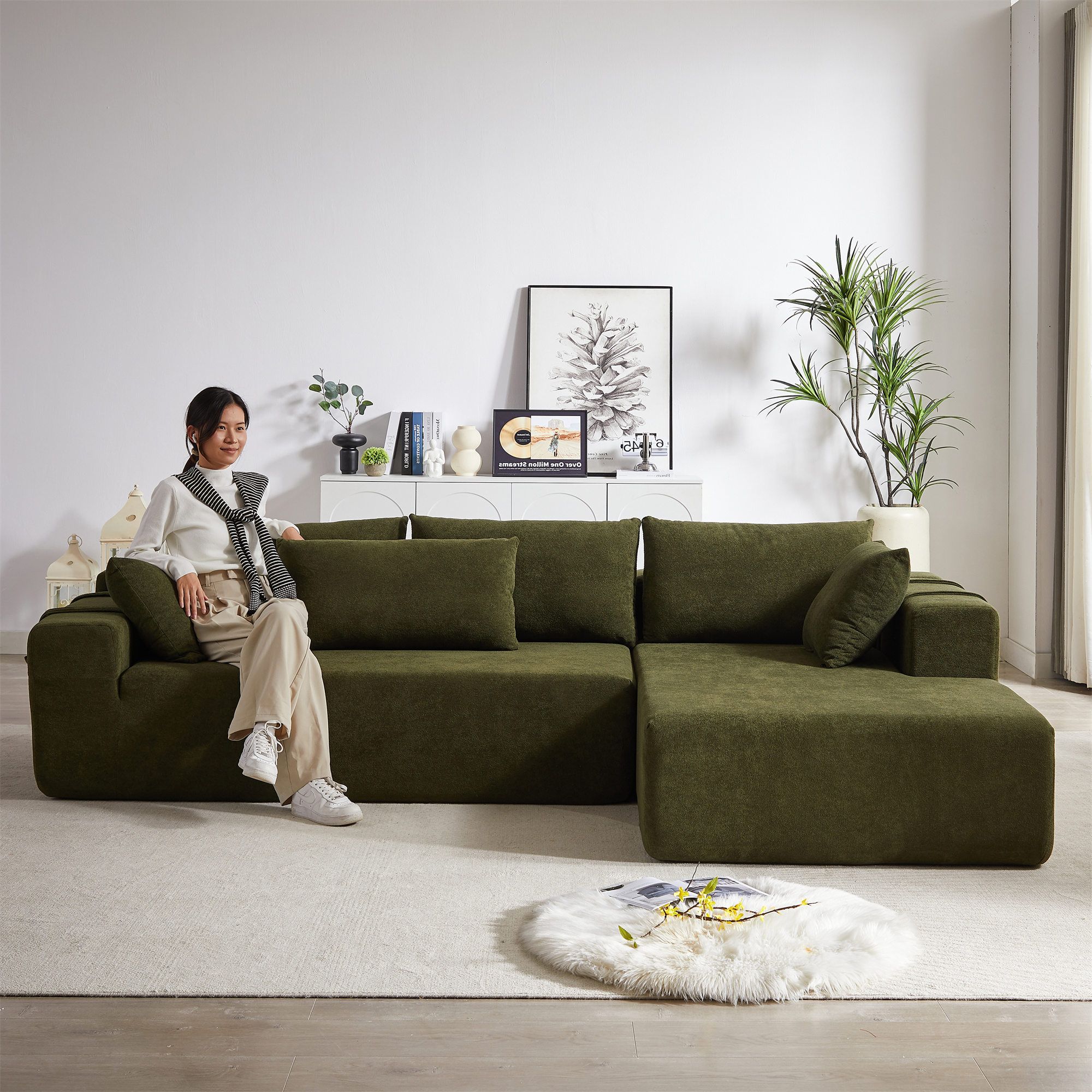 Aukfa 108" Modular Sectional Couch, Deep Seat Cloud Sofa with 6 Pillows, No Assembly, Right Chaise, Green