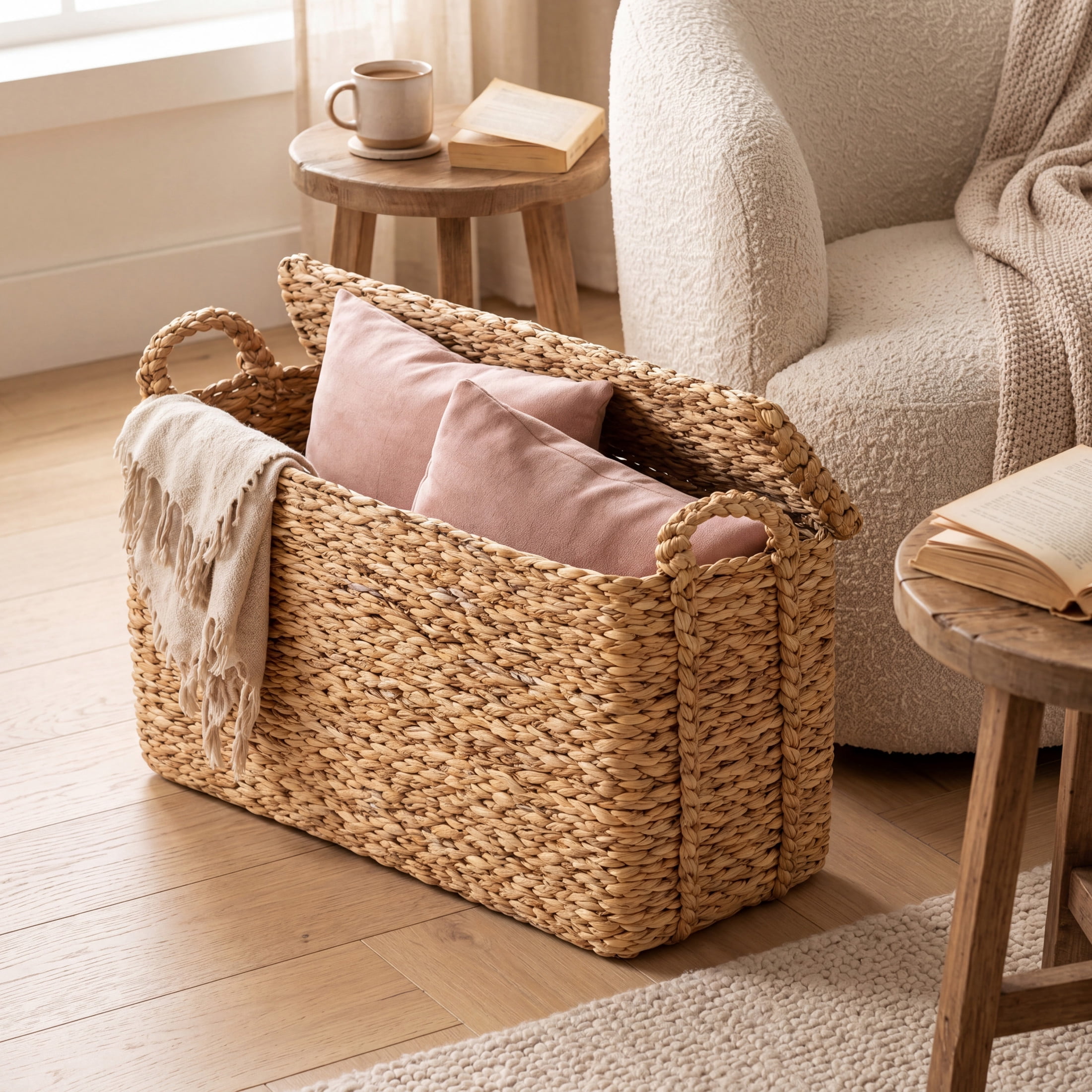 DecMode 13" x 19" Brown Seagrass Handmade Woven Storage Basket with Braided Handles, 1-Piece
