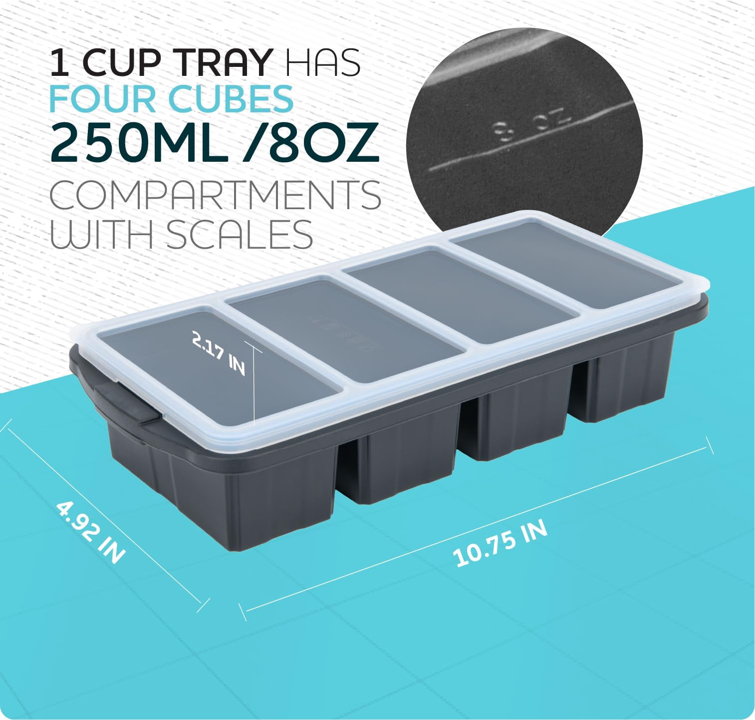 Silicone Freezer Tray With Lid - Soup Container Molds Large Ice Cube Tray- Makes 8 1 Cup Portions Cubes  2-pack Storage Food Soups & Meal Prep Oven Dishwasher -safe